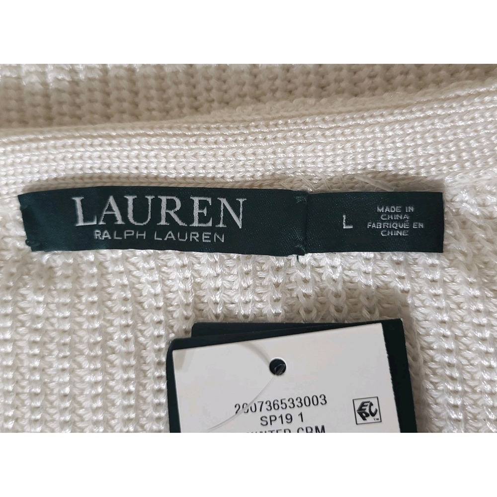 Lauren Ralph Lauren L NWT Ribbed ‎ Knit V-Neck Sweater Silver Hardware Cream - Picture 3 of 12